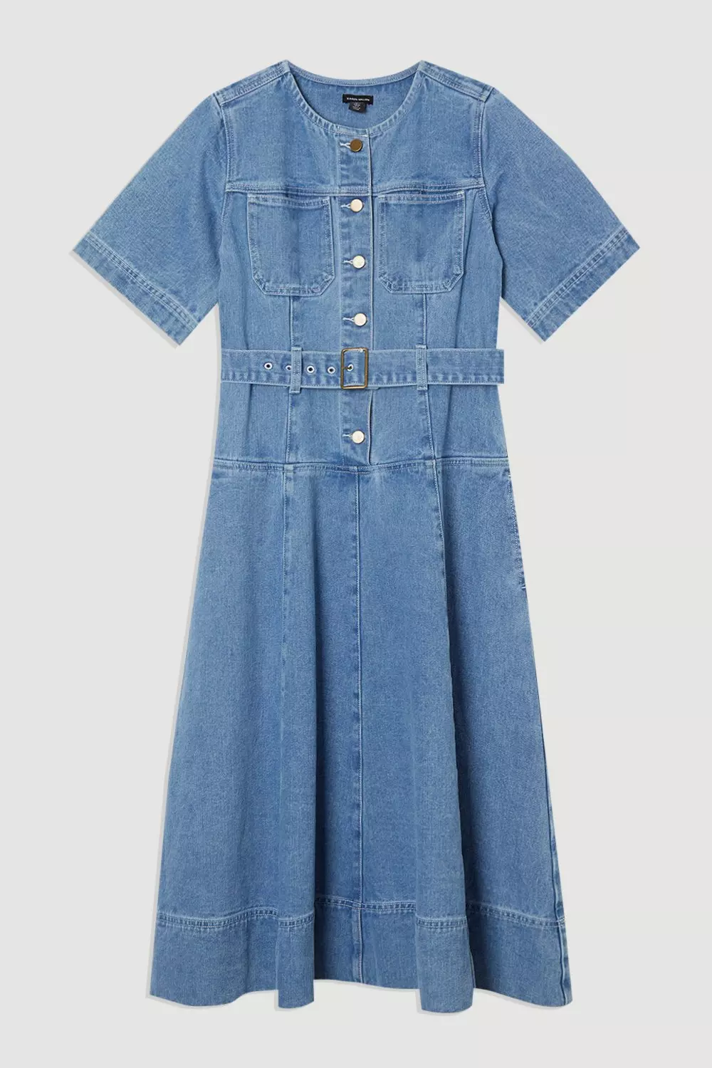 【Karen Millen】デニム ソフトウォッシュ 半袖 ベルト ドレス Denim Soft Wash Short Sleeve Belted Midi Dress | Karen Millen
